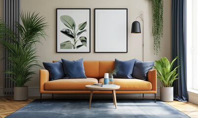 Stylish modern cozy living room interior with sofa, paintings on the wall, coffee table, rug, decorations, pillows, blanket and modern home decor. Minimalist home decor.