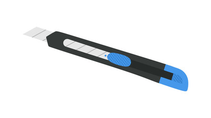 Stationery knife with sharp adjustable retractable blade. Utility knife, Office accessory for cutting papers, box and cardboard. Handy stationery isolated. Colored flat vector illustration