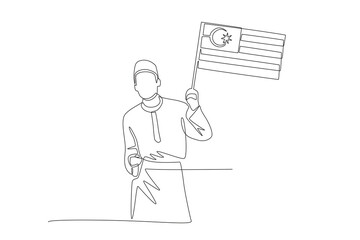 Muslim man holding malaysian flag. Malaysia independence day concept one-line drawing