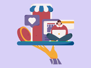 Holiday shopping people doing e-commerce online shopping flat vector concept operation hand drawn illustration
