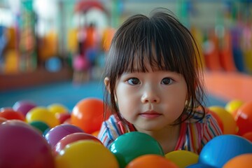 Fototapeta premium The little girl plays with colorful games