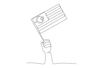 Hand with Malaysian flag. Malaysia independence day concept one-line drawing