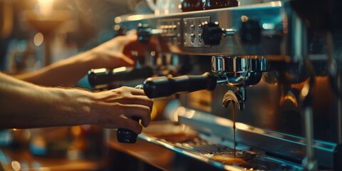 Naklejka premium A café barista uses a portafilter to create espresso for cappuccino or latte. Coffeeshop waiter making a warm drink with brewing machine.