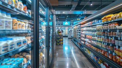 A well-stocked supermarket aisle with shelves filled with various grocery products, including refrigerated items and packaged goods.