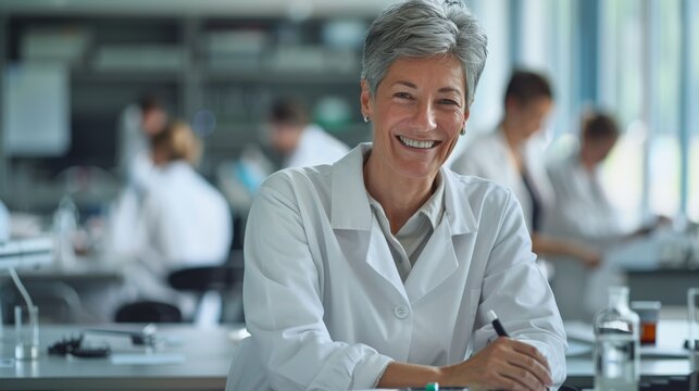 Scientific portrait, woman with tablet, lab, experiment success, happiness, update results. Face, cheerful scientist, senior female researcher, device, smile, and data analytics