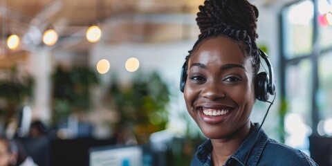 Naklejka premium A happy African American contact center agent in office. Mixed-race customer service agent answering calls with headset. A Hispanic salesperson calls