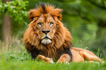Obraz premium Majestic male African lion (Panthera leo) resting in the grass, showcasing the beauty and power of wildlife photography