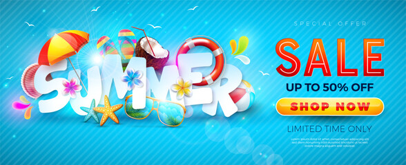 Summer Sale Banner Design with Flower and Beach Holiday Elements on Blue Background. Tropical Vacation Vector Floral Illustration with Special Offer Typography for Coupon, Voucher, Flyer, Promotional