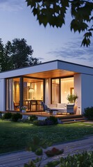 Fototapeta premium A Modern one-story house with terrace and outdoor lighting, exterior view in the evening