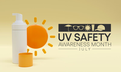 UV safety awareness month is observed every year in July, it is a type of electromagnetic radiation that makes black light posters glow, and is responsible for summer tans and sunburns. 3D Rendering