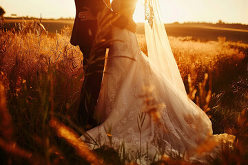 Photographer seizing the opportunity of the golden hour to capture stunning, warm-toned portraits of the bride and groom, showcasing the art of wedding photography and capturing precious moments