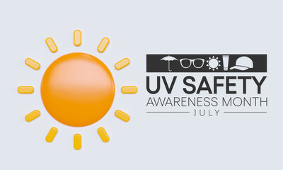 UV safety awareness month is observed every year in July, it is a type of electromagnetic radiation that makes black light posters glow, and is responsible for summer tans and sunburns. 3D Rendering