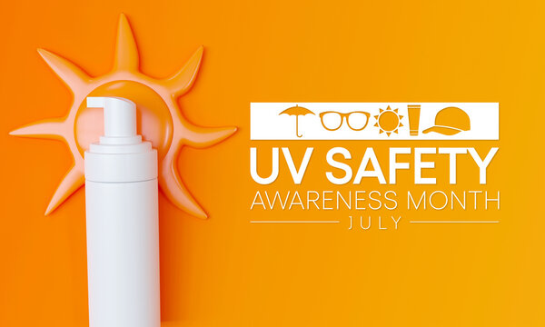 UV safety awareness month is observed every year in July, it is a type of electromagnetic radiation that makes black light posters glow, and is responsible for summer tans and sunburns. 3D Rendering