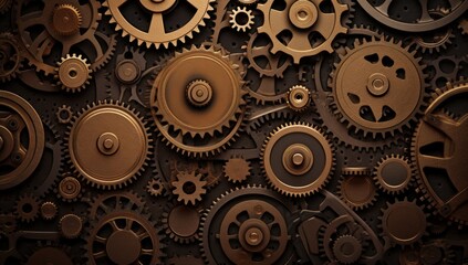 Close up of a group of metal gears interlocked together in a complex mechanism.