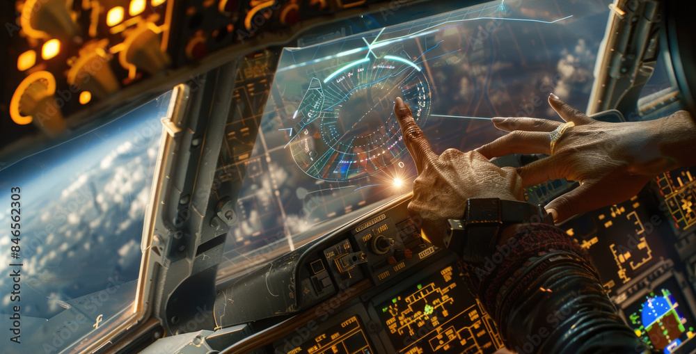 Wall mural a close-up shot of a pilots hands interacting with a futuristic, advanced flight display inside the 