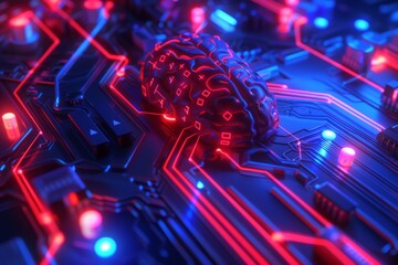 High tech red lit AI circuit with a brain structure, merging human intelligence with advanced technology in a cybernetic design 