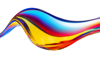 Abstract liquid glass shape with colorful reflections. Ribbon of curved water with glossy color wavy fluid motion. Chromatic dispersion flying and thin film spectral effect.