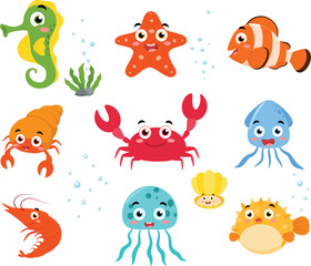 Set of cute sea life animal cartoon, ocean fish and underwater wildlife
