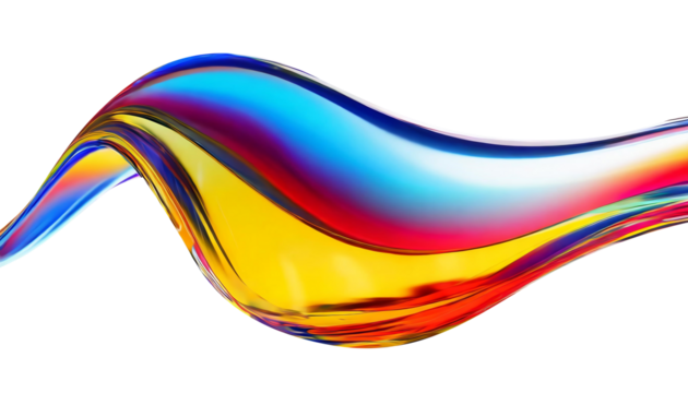 Abstract liquid glass shape with colorful reflections. Ribbon of curved water with glossy color wavy fluid motion. Chromatic dispersion flying and thin film spectral effect.