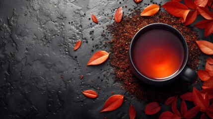 A cup of tea is sitting on a table with leaves scattered around it
