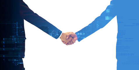 Two people in suits are shaking hands, symbolizing agreement and partnership, with a digital overlay background.