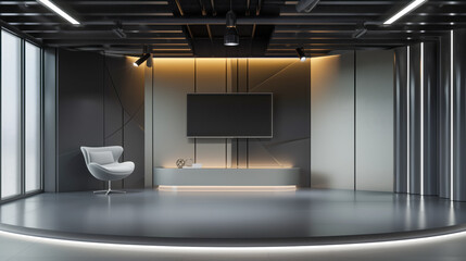 "TV Talk Show Studio Concept: Minimalist Design in Shades of Gray" combines sleek, modern aesthetics with a monochromatic palette, perfect for a sophisticated talk show setting.