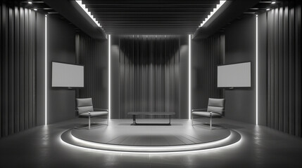 Sleek and minimalist, the TV talk show studio features shades of gray, exuding sophistication and modernity.