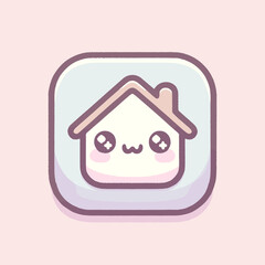 Cute Kawaii House Icon with Adorable Face on Pink Background