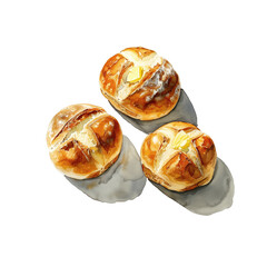 Obraz premium Watercolor illustration of table roll petite bread baked to a golden brown on white background.