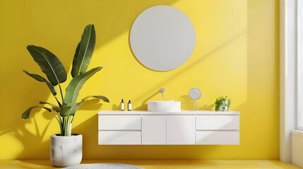 Fototapeta premium Pastel Yellow Minimalist Bathroom with White Vanity and Round Mirror