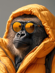 Stylish Gorilla in Yellow Jacket and Sunglasses: Urban Trendy Animal Fashion.