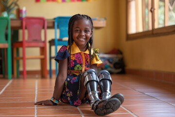 A young girl sits on a tiled floor in a room with colorful chairs, smiling as she shows off her new prosthetic leg.