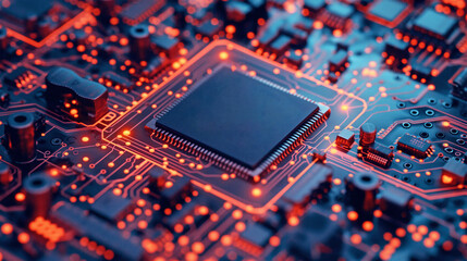 Obraz premium Printed circuit board with processor. The transfer of digital data occurs along the background of the outline of a printed circuit board, which is a component of modern computer technology.