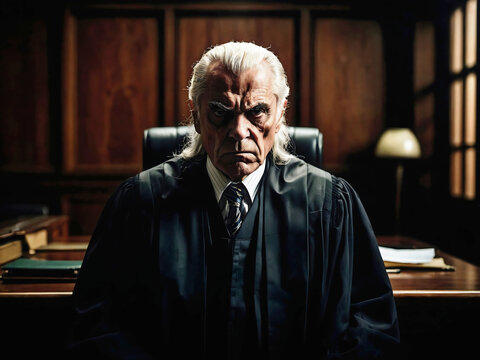 Supreme court, Corrupted dishonest judge in court room, evil people portrait