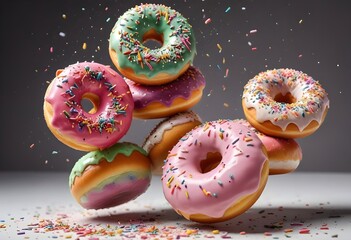 Donuts with sprinkles flying on transparent background. sweet doughnut fly