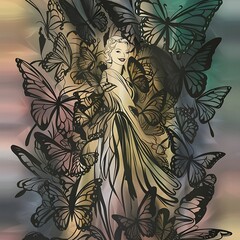 Black Line Art Butterflies Woman Wallpaper