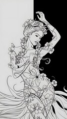 Fototapeta premium Black and White Beautiful Line Art Floral Woman