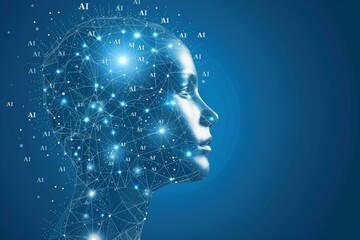 Fototapeta premium Blue digital human head with interconnected data points, symbolizing the convergence of AI and human thought in a tech enhanced world 