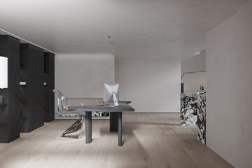 Simple Elegant Black Modern Office with Wooden Desk