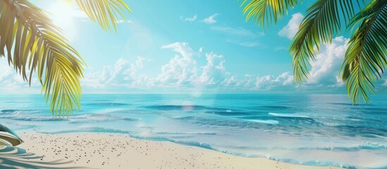 Fototapeta premium Tropical Beach Scene with Palm Leaves, Glowing Sunlight, and Blue Seas - Perfect for Summer Vacations!