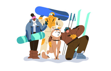 Snowboarders, skier with boards and skis standing on snow. Friends posing with dog, show hand gesture of peace together. People go extreme winter sport. Flat isolated vector illustration on white