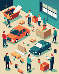 The parking lot once filled with cars is now mostly empty as employees who were laid off clear out their desks and leave for the last time.. Vector illustration