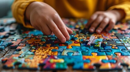 Close-up of child's hands assembling colorful jigsaw puzzle pieces on a table, engaging in a fun and educational activity.