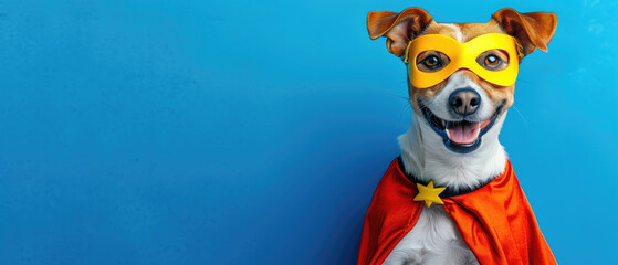 Superhero Dog. Jack Russell terrier in yellow mask and red cape banner. Adorable pet dressed as a superhero on vibrant blue background with copy space.