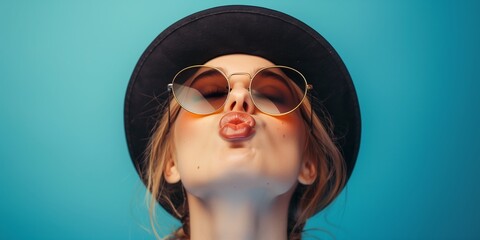 A young woman in sunglasses and black hat blowing kiss, blue background, pop art, photo taken with...