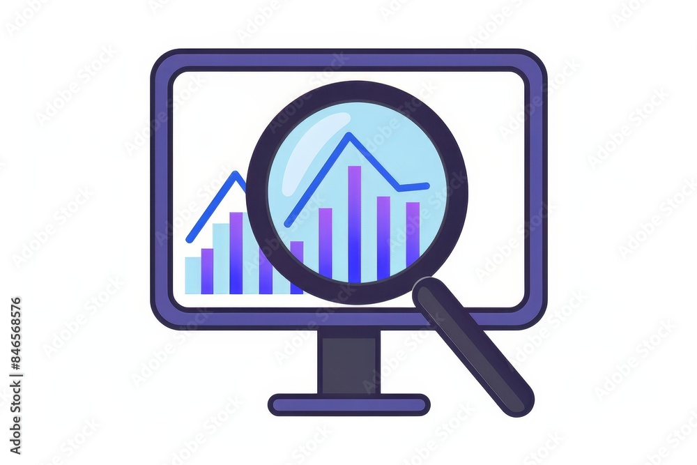 Aufkleber Data analysis with magnifying glass over graph on computer screen, illustrating detailed research and statistical evaluation in business and technology, Gerberative AI
