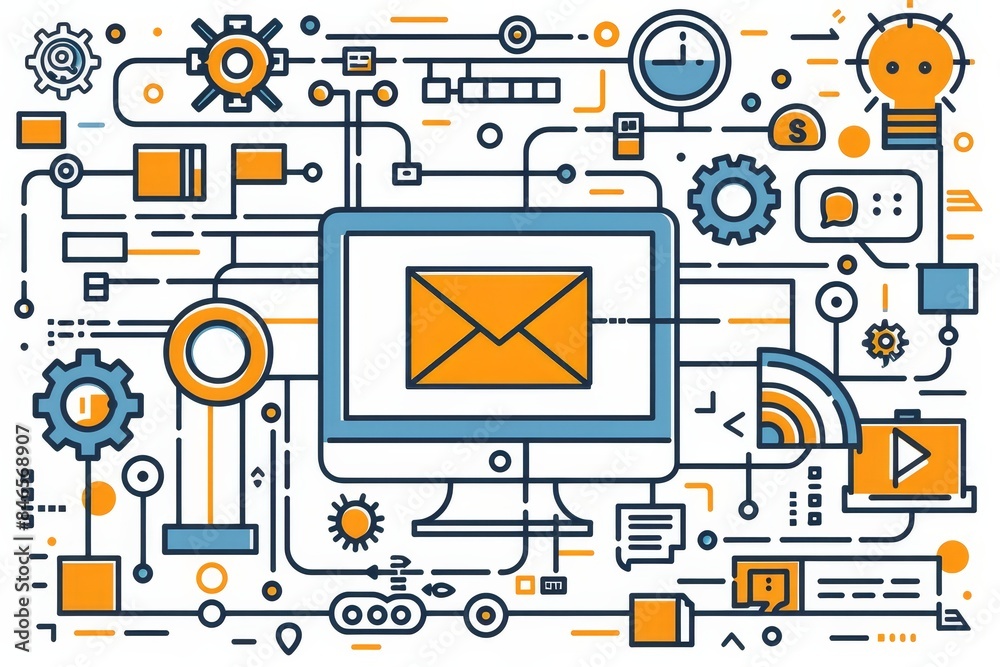 Aufkleber Digital communication network illustrated through an email icon and computer graphic, representing online messaging and internet connectivity in technology, Gerberative AI