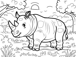 Children coloring page rhinoceros in the forest. Vector, black stroke lines, white background.