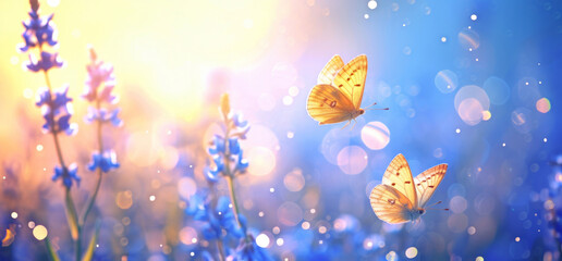 Two yellow butterflies flying in the spring of flowers, captured in a bokeh panorama, and light gold, blue, and light yellow colors.
