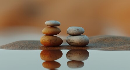 Two pairs of pebbles stacking vertically on top of each other, surrealistic elements, minimalist images, and warm color palettes.